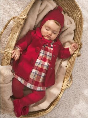 Mayoral Red Knit Pea Coat with Pom Hat Set
